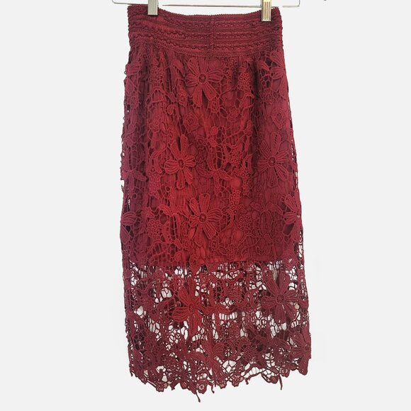 Meraki Red Wine Floral Lace Cut-Out Midi High Waisted Skirt- M - Picture 2 of 6